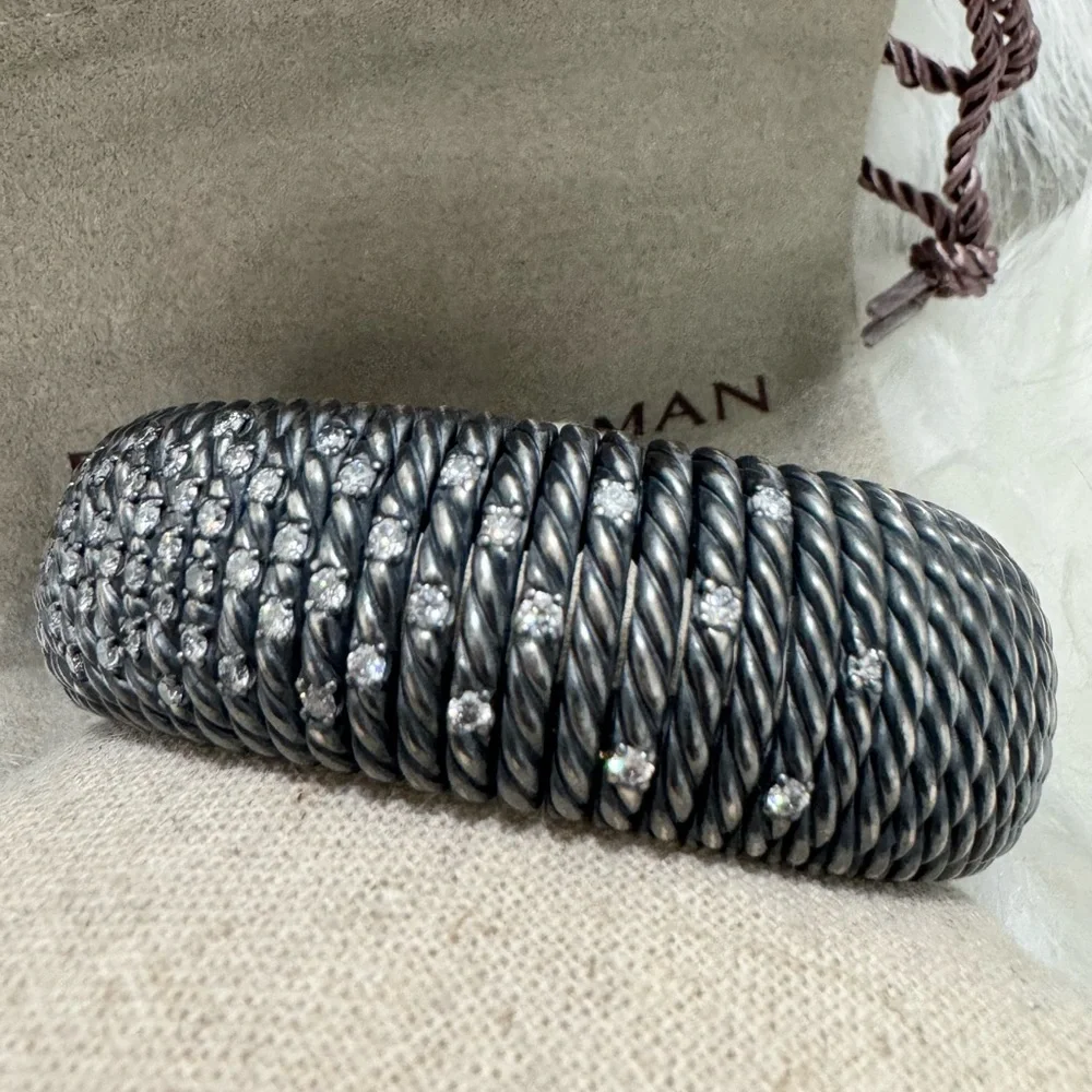 David Yurman Tempo Diamond Darkened 925 Sterling Silver Wide Cable Bracelet Sz M